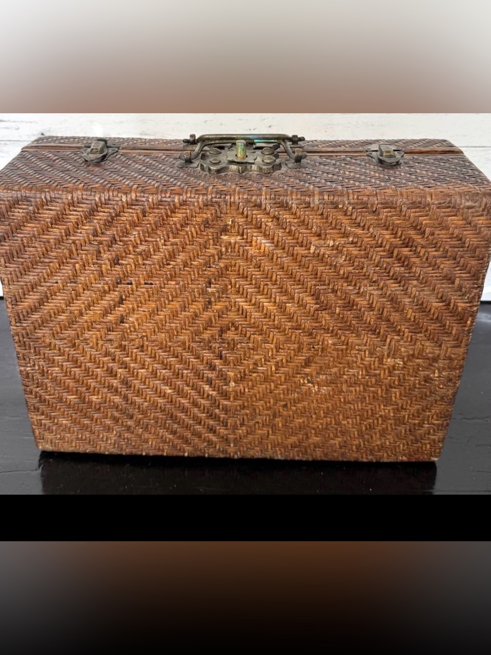 Vintage Asian Woven Rattan & Wood Storage Trunk Chest with brass hardware
